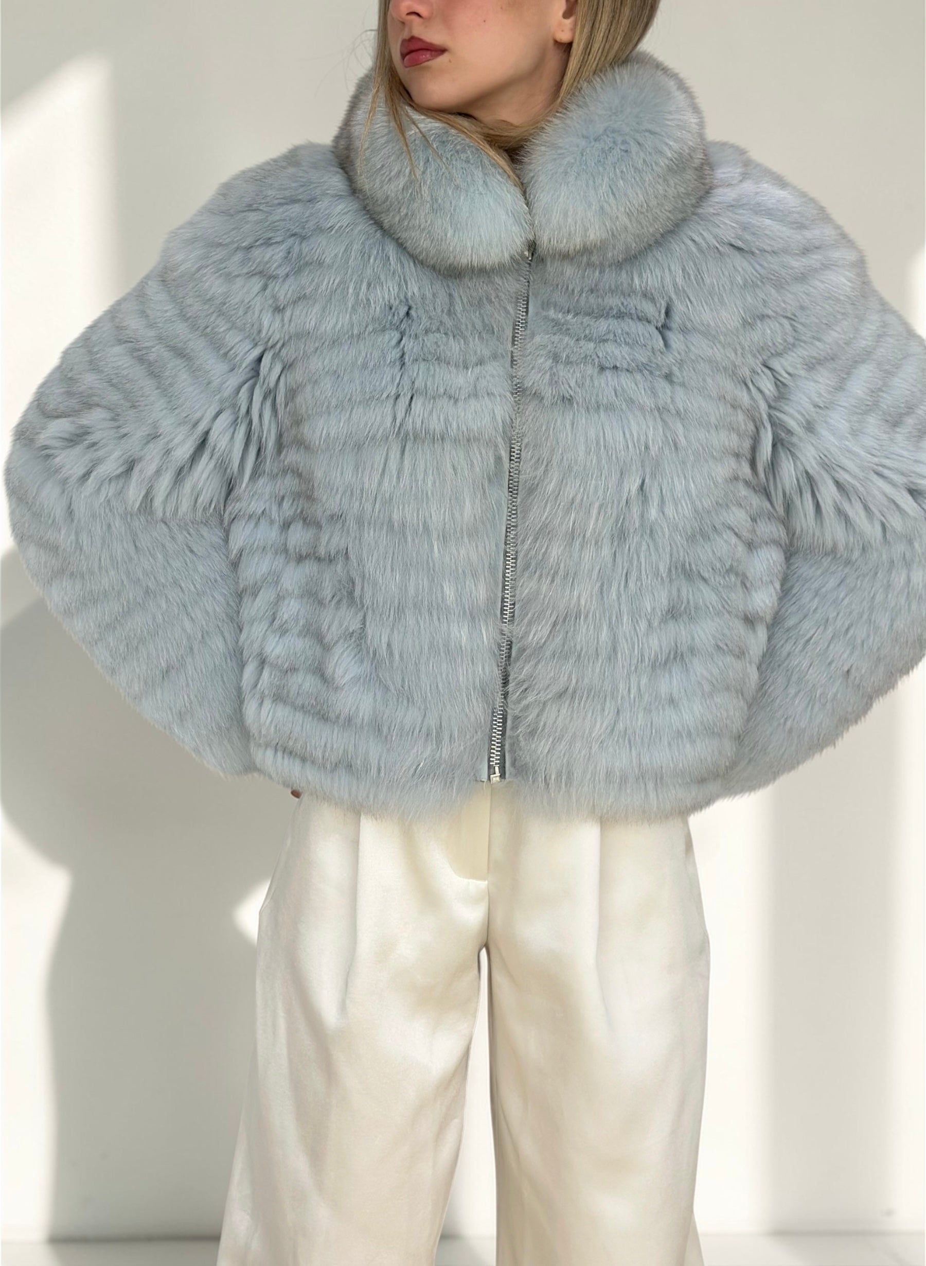 Sky Blue Fox Fur Horizontal Stripe Jacket