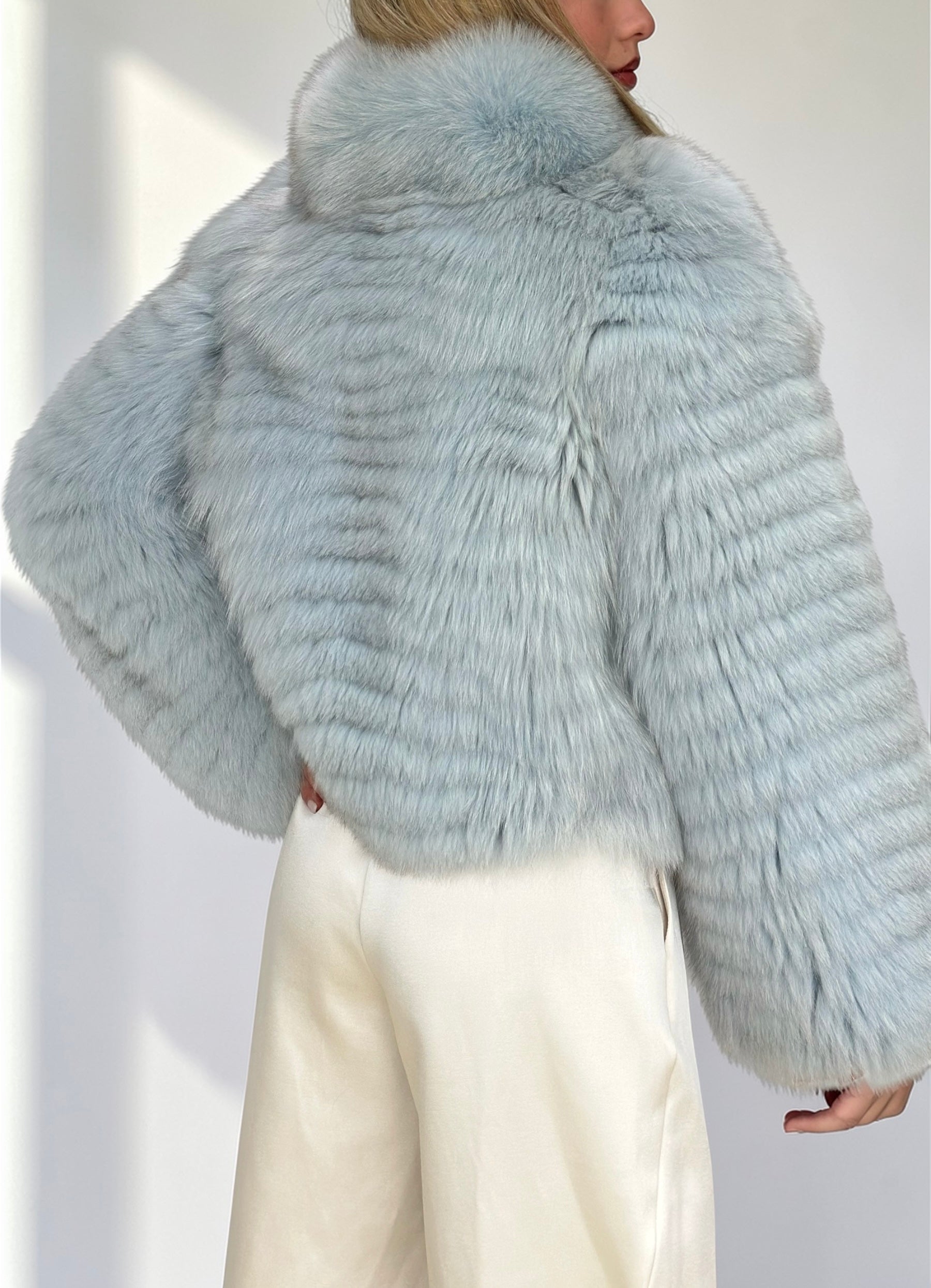 Sky Blue Fox Fur Horizontal Stripe Jacket