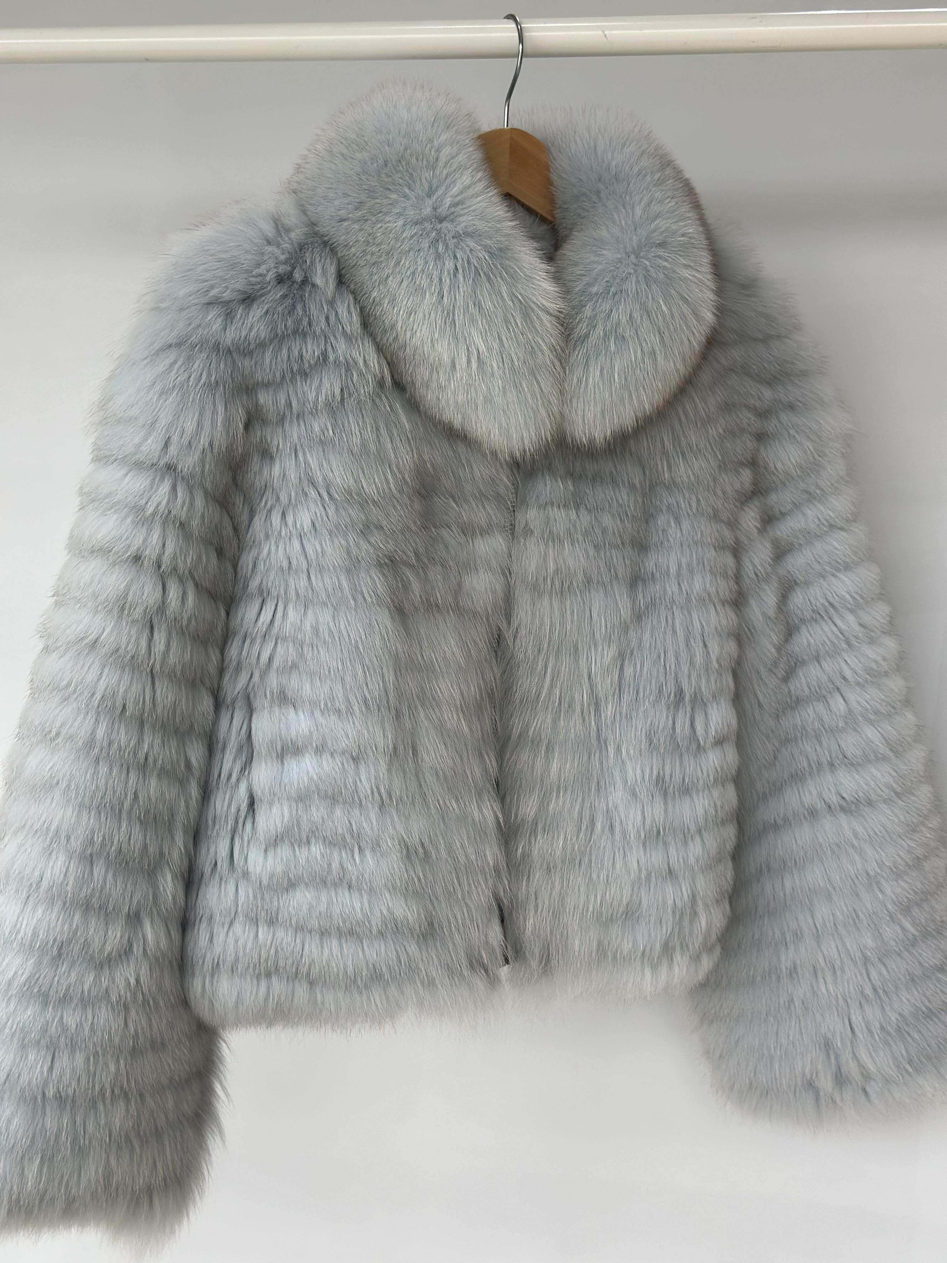 Sky Blue Fox Fur Horizontal Stripe Jacket