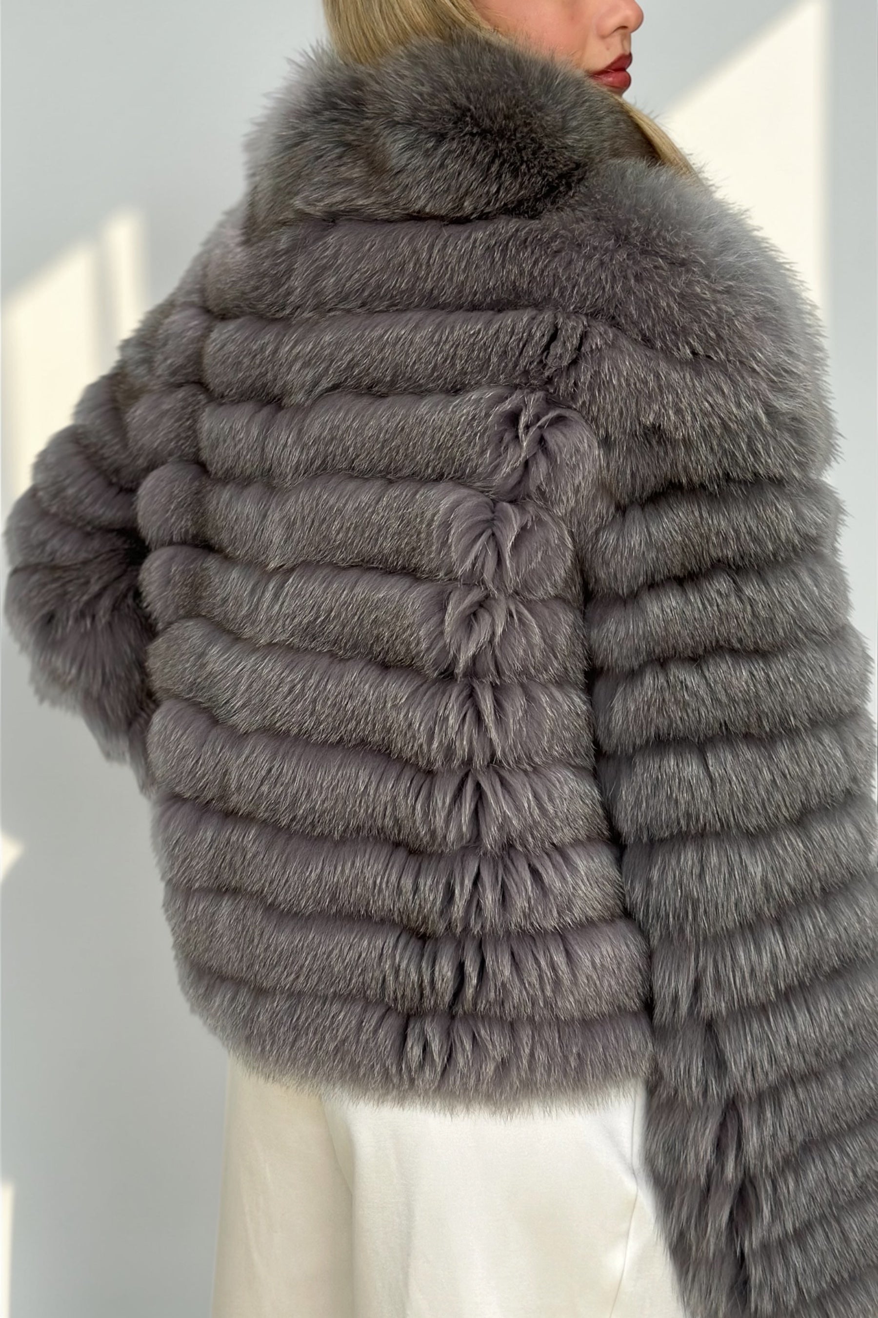 Smoky Grey Fox Fur Horizontal Stripe Jacket