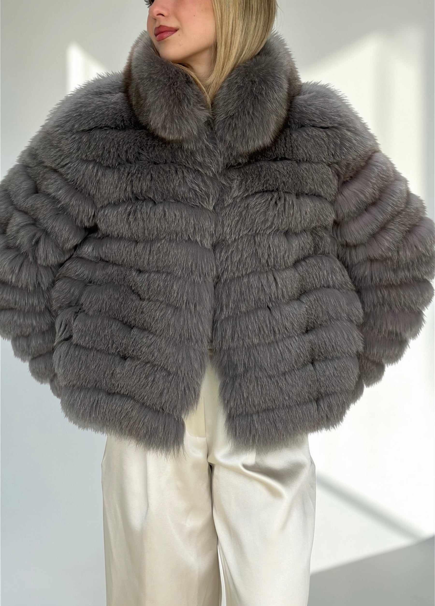 Smoky Grey Fox Fur Horizontal Stripe Jacket