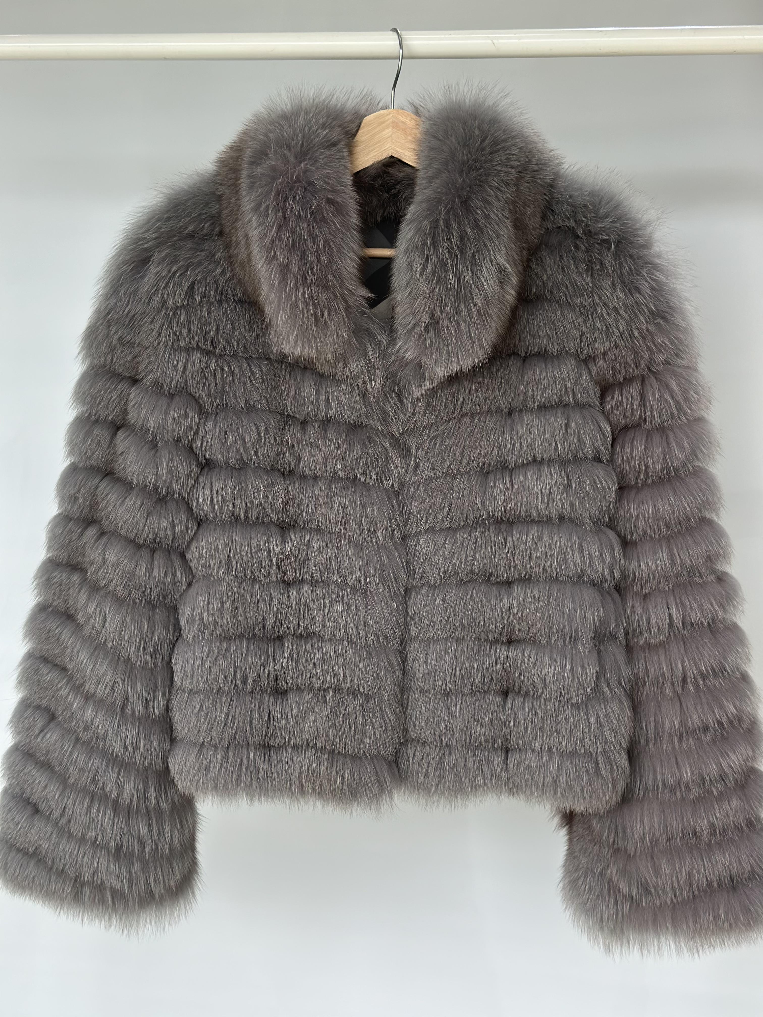 Smoky Grey Fox Fur Horizontal Stripe Jacket