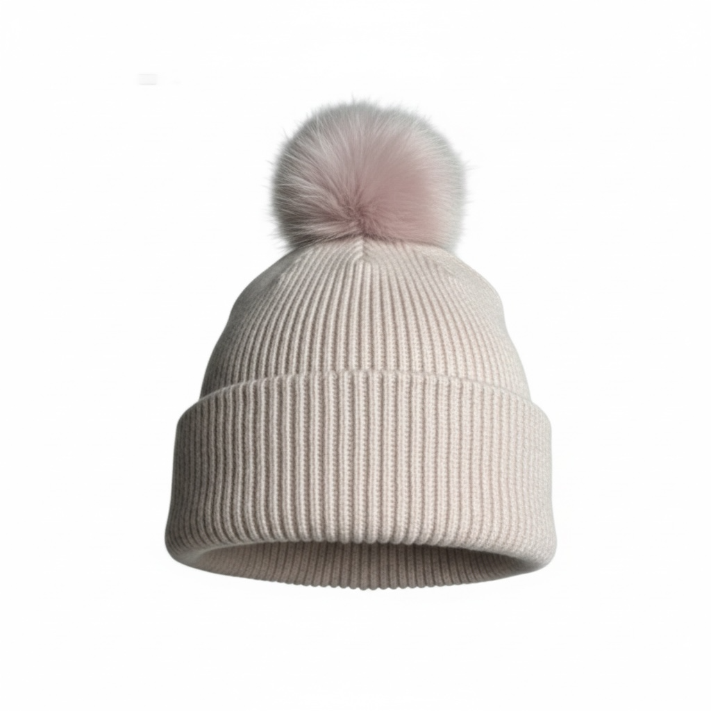 Soft Pink Ribbed Beanie with Pink Fox Fur Pompom