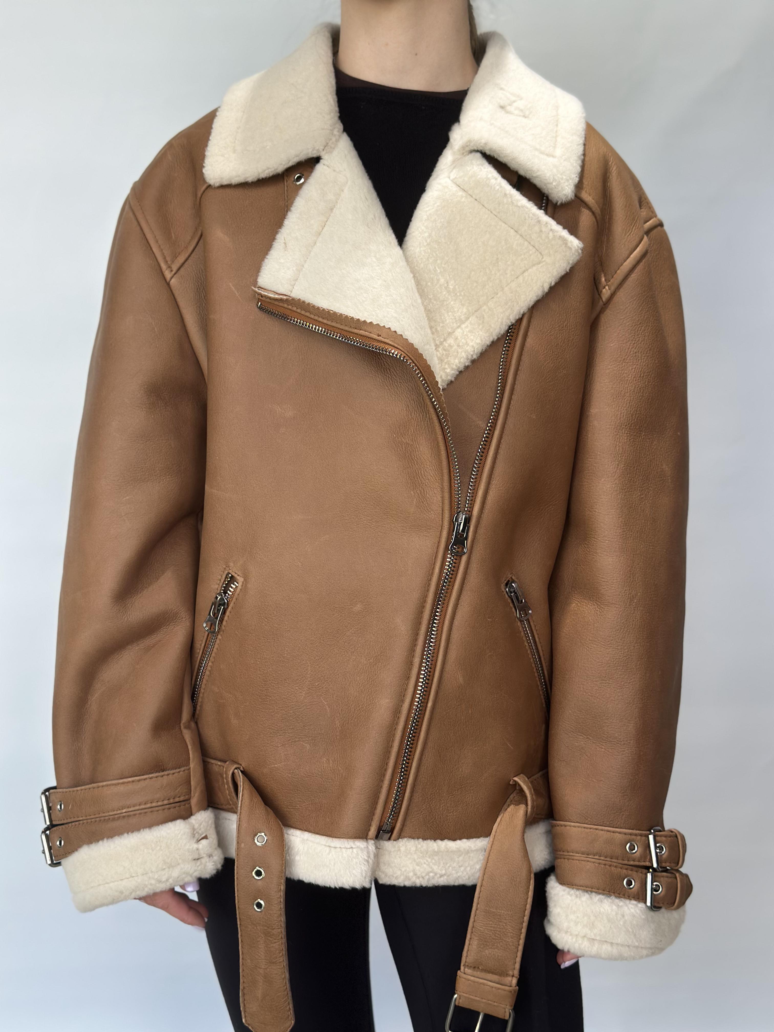 Tan Sheepskin Aviator Jacket Belted Hem