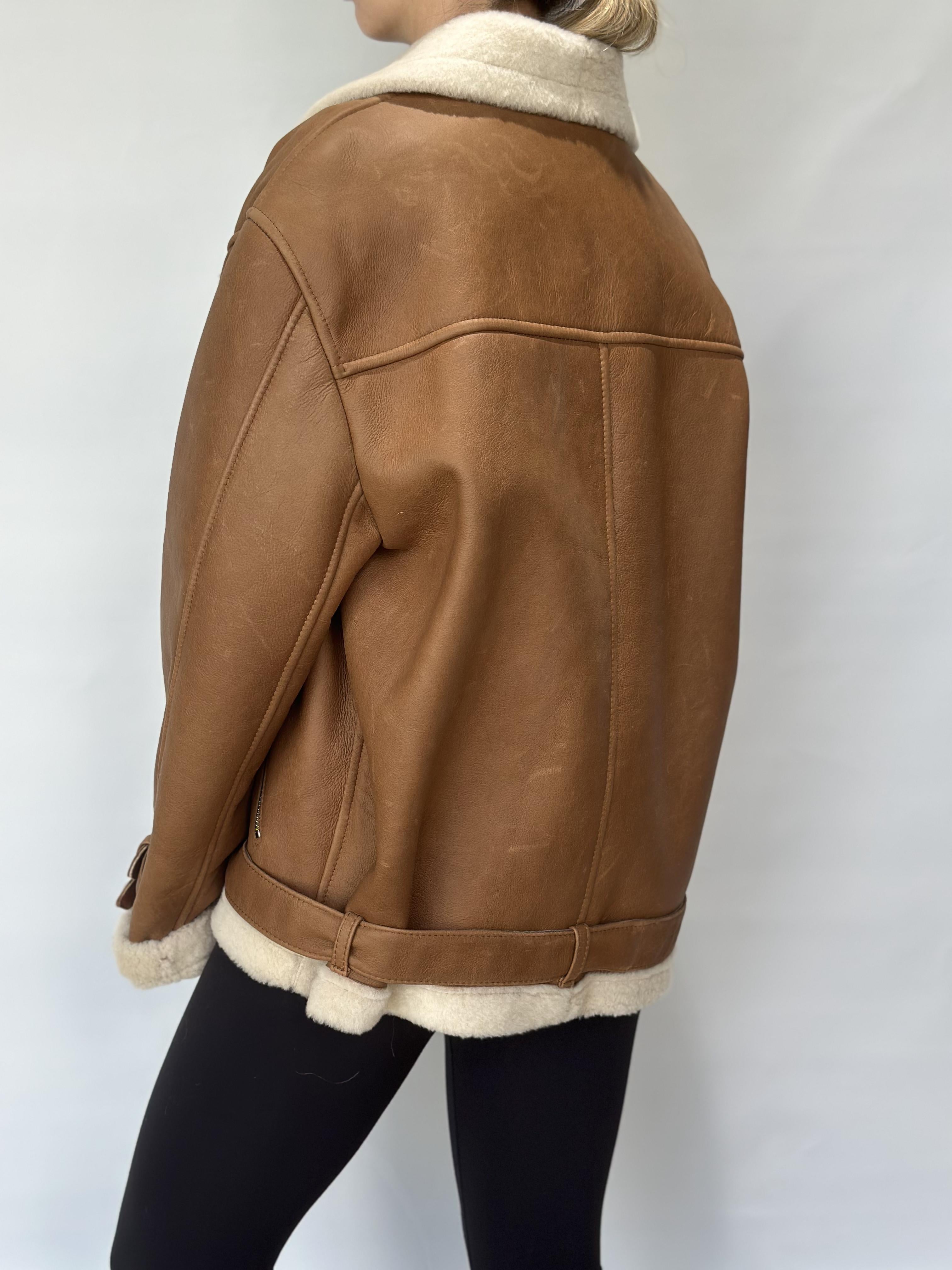 Tan Sheepskin Aviator Jacket Belted Hem