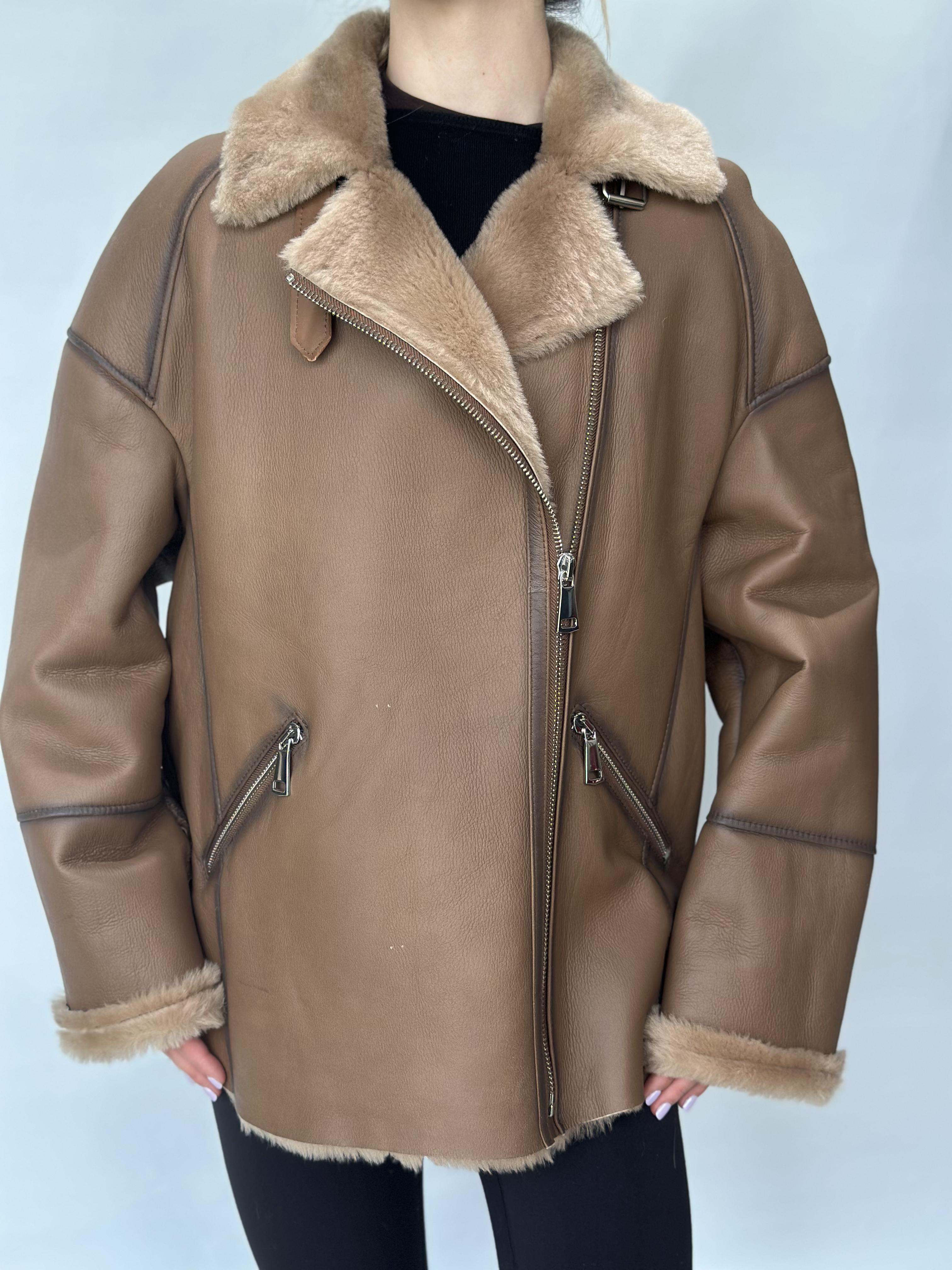 Tan Sheepskin Biker Jacket Asymmetric Zip