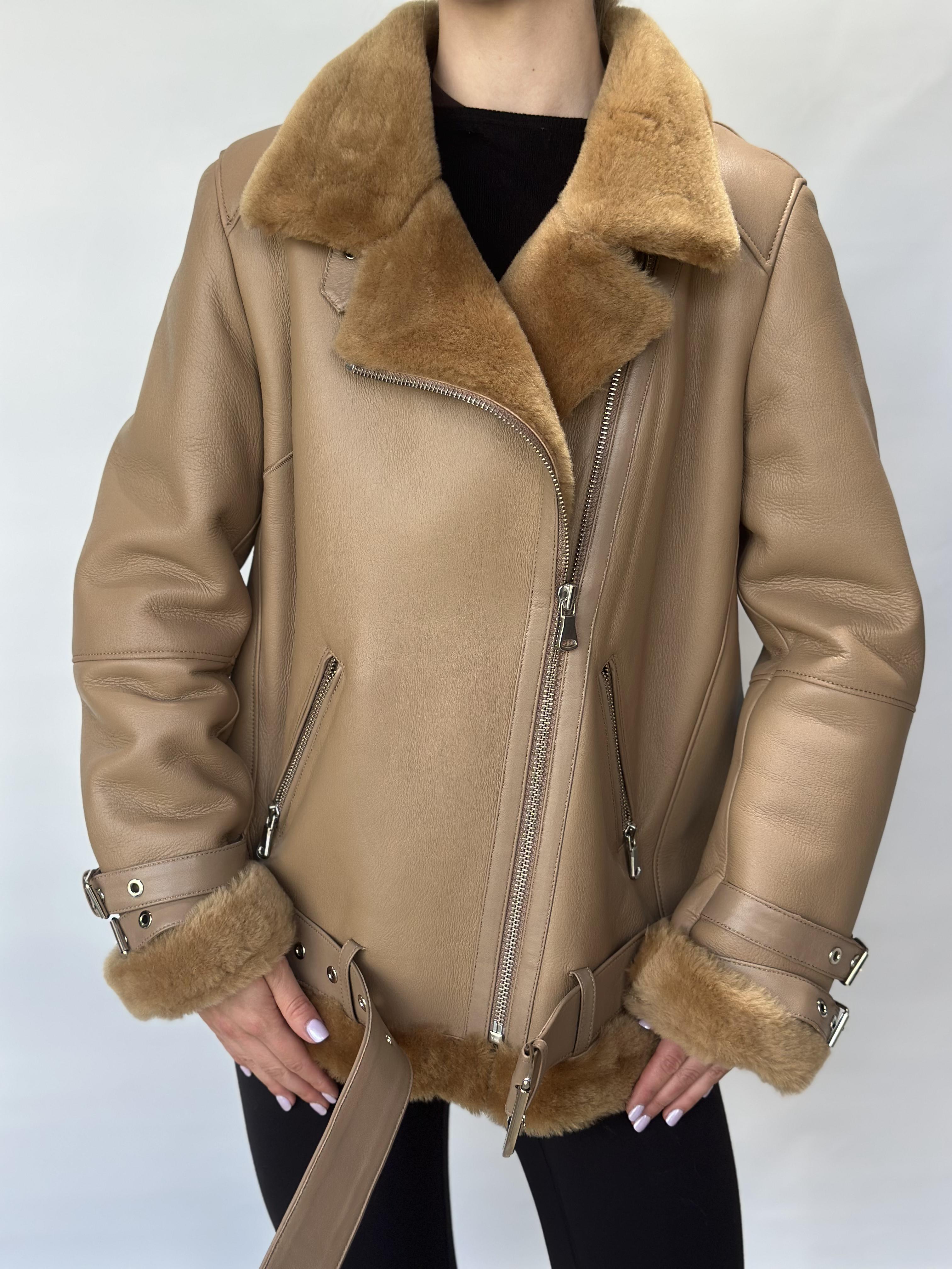 Tan Sheepskin Biker Jacket Belted Hem