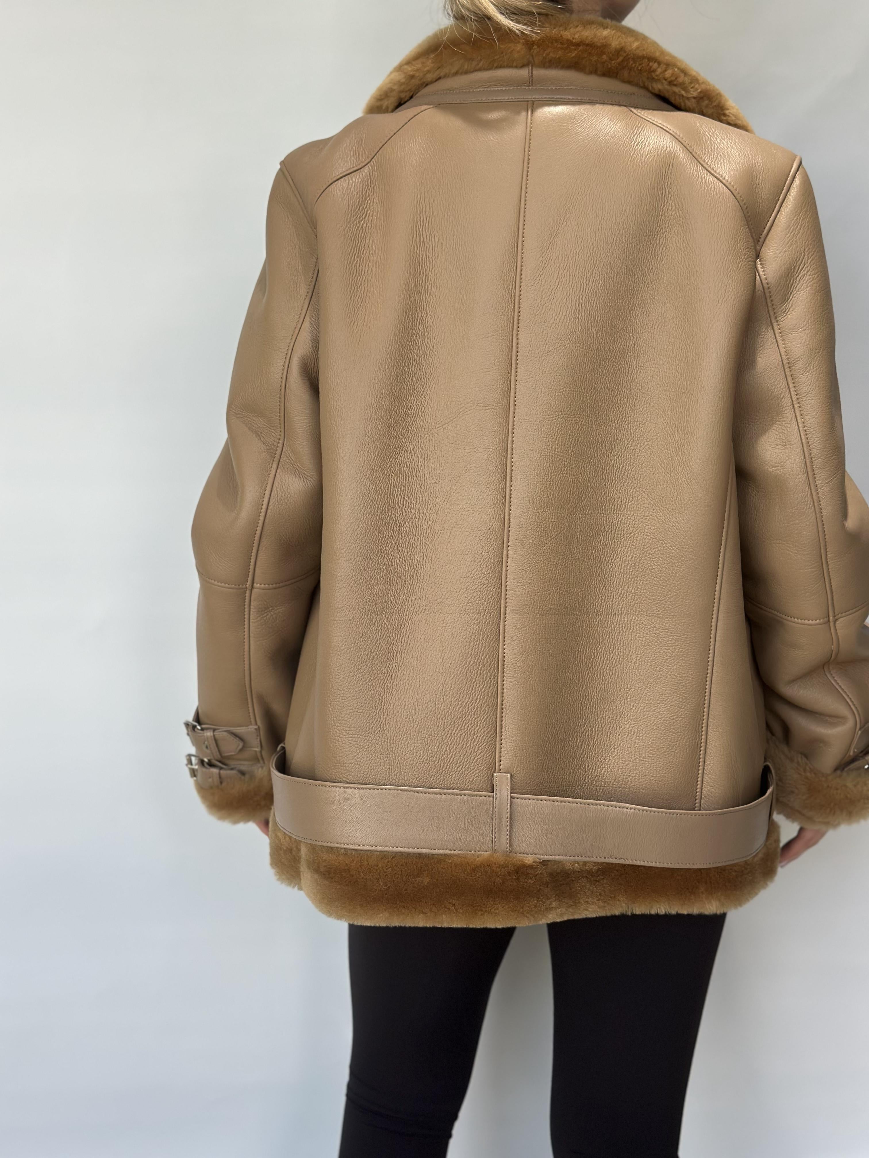 Tan Sheepskin Biker Jacket Belted Hem
