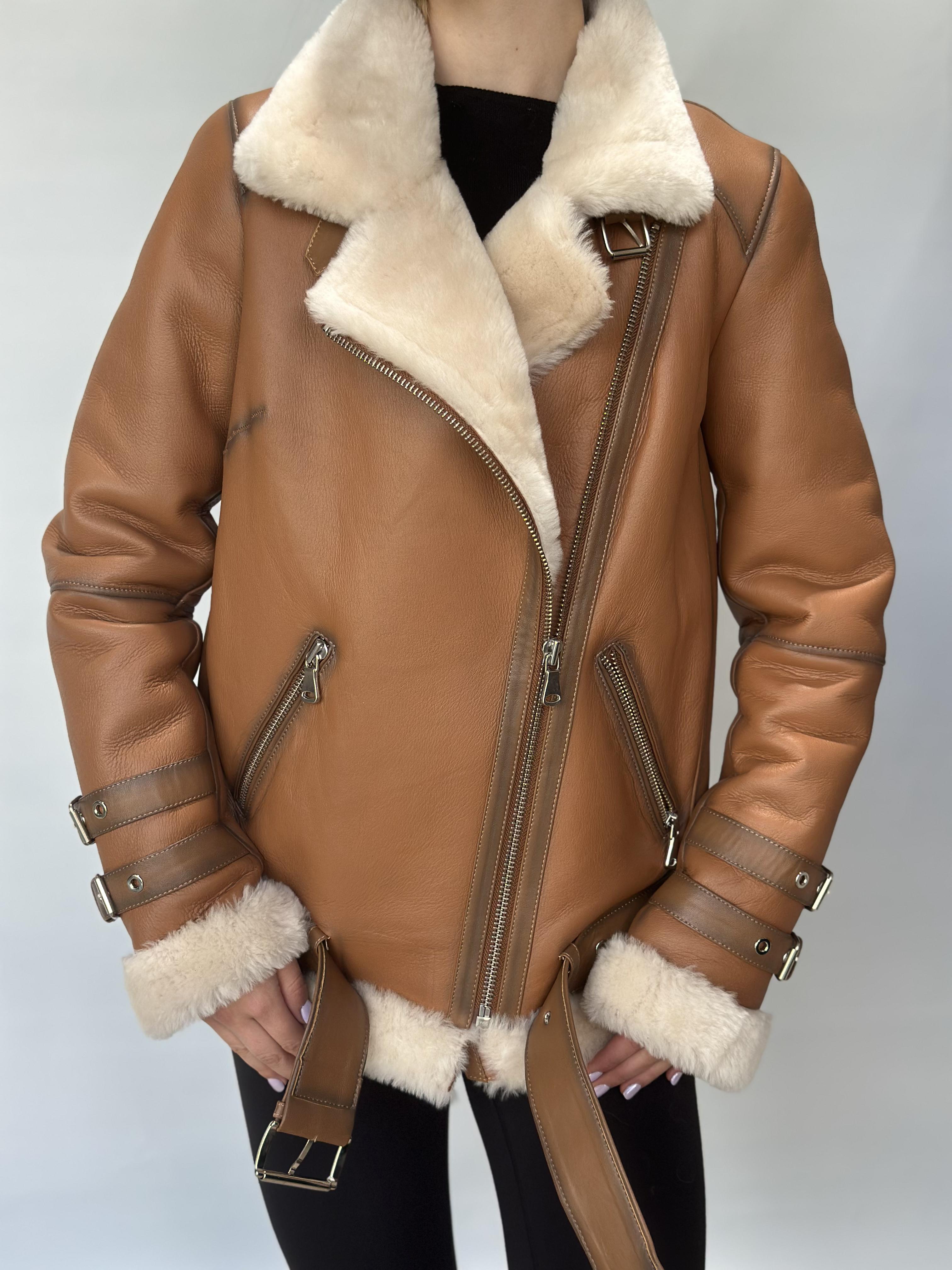 Tan Sheepskin Biker Jacket Buckle Detail