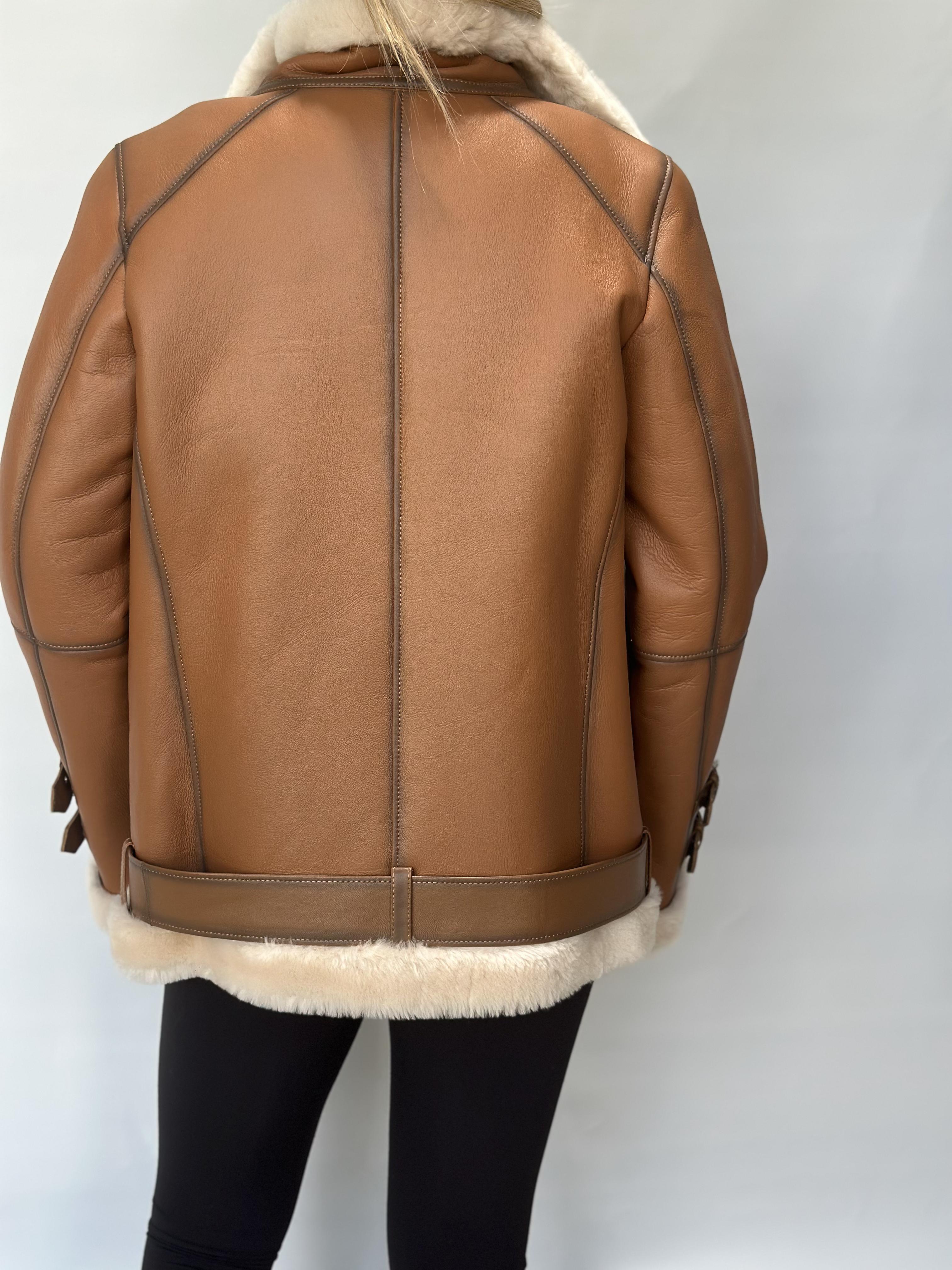 Tan Sheepskin Biker Jacket Buckle Detail