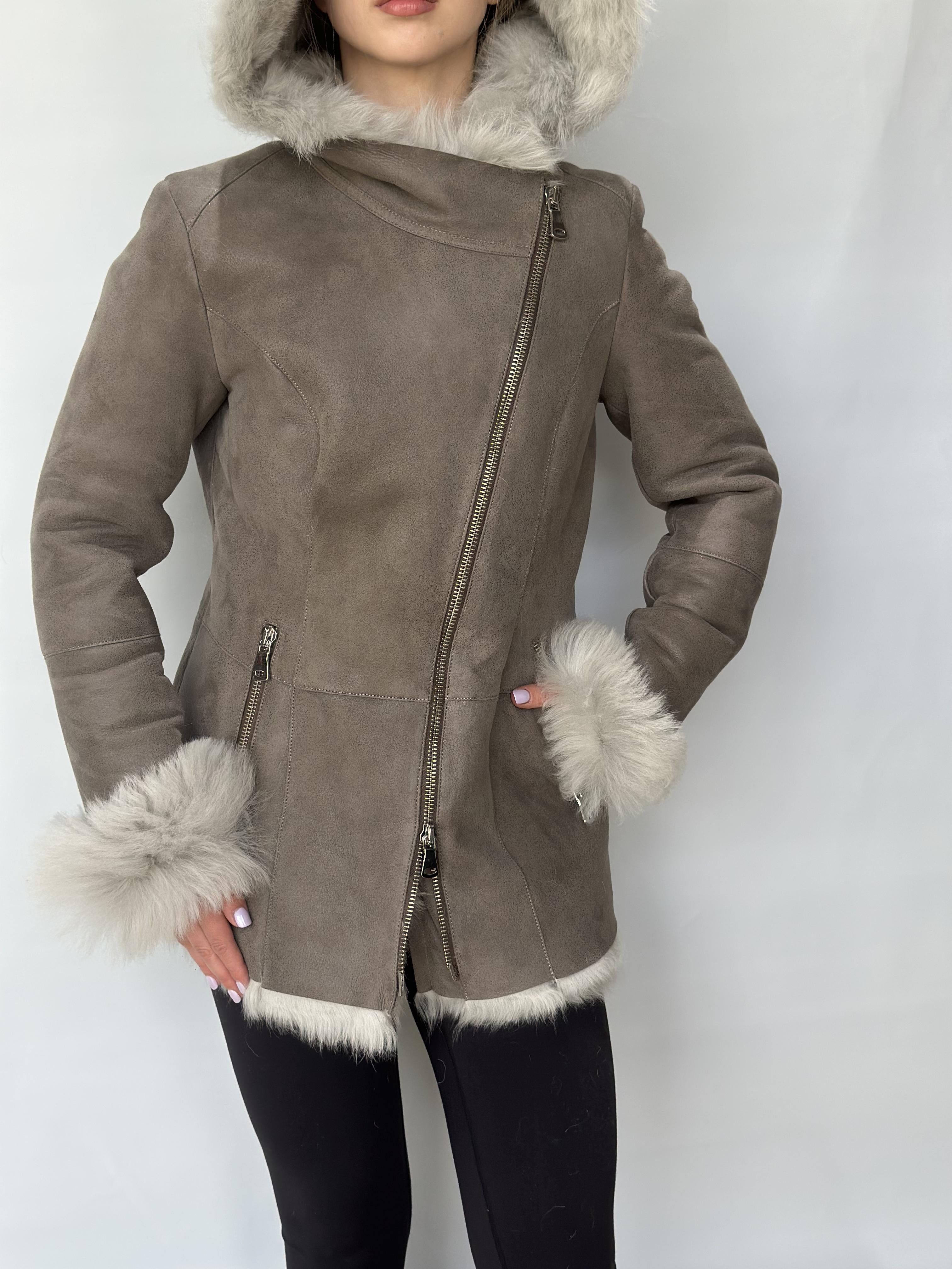 Taupe Sheepskin Jacket With Fur Hood