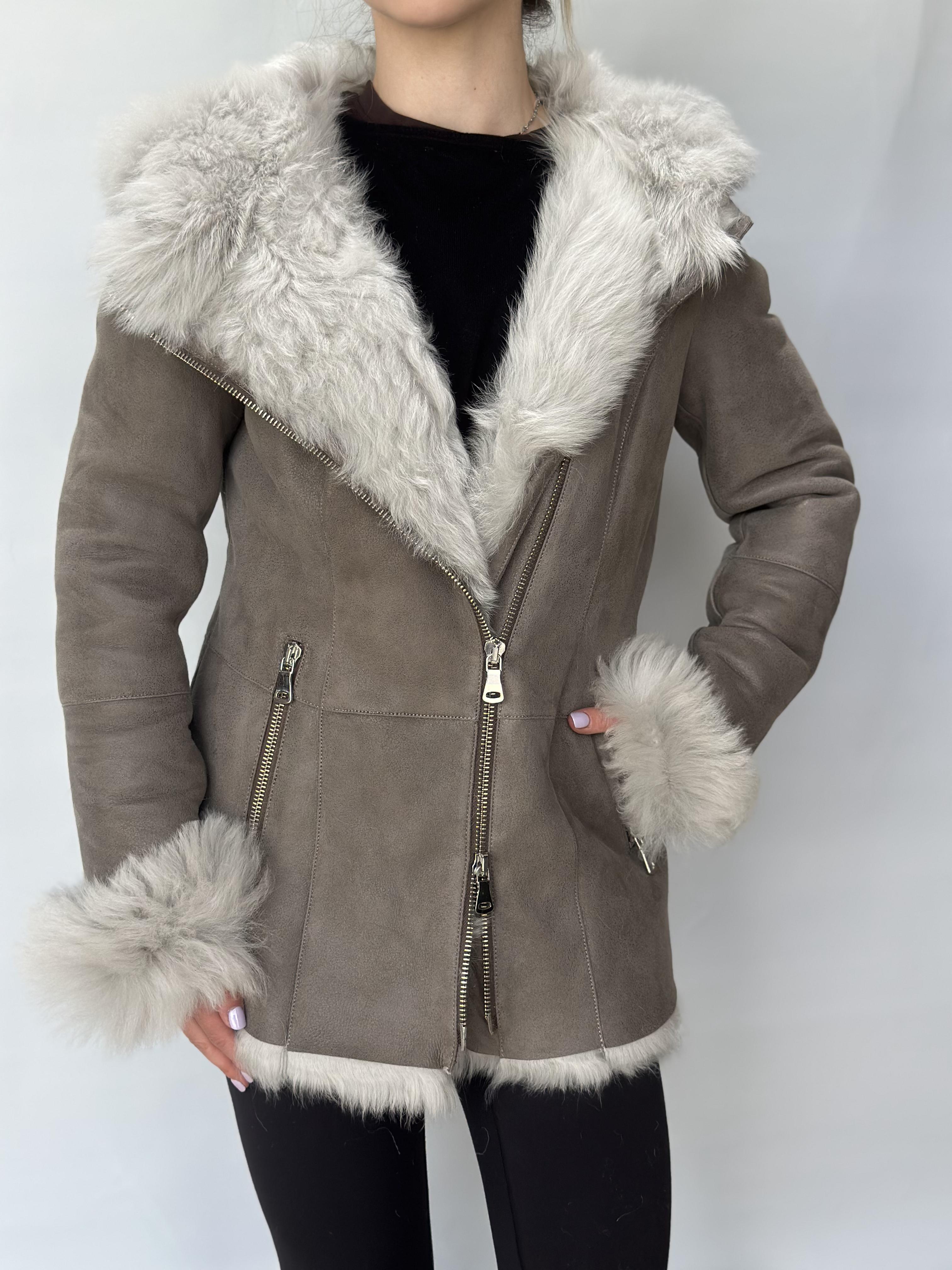 Taupe Sheepskin Jacket With Fur Hood