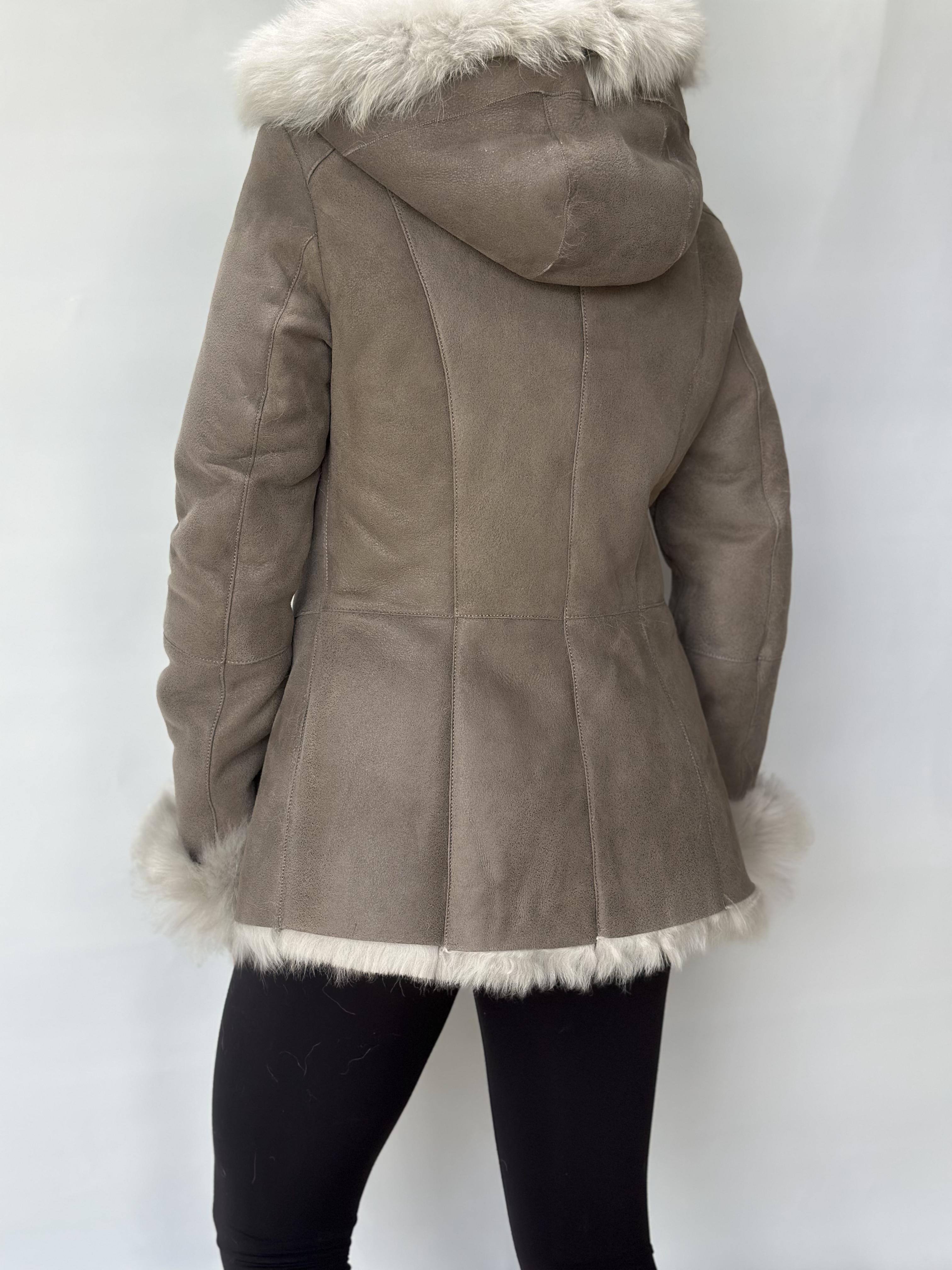 Taupe Sheepskin Jacket With Fur Hood