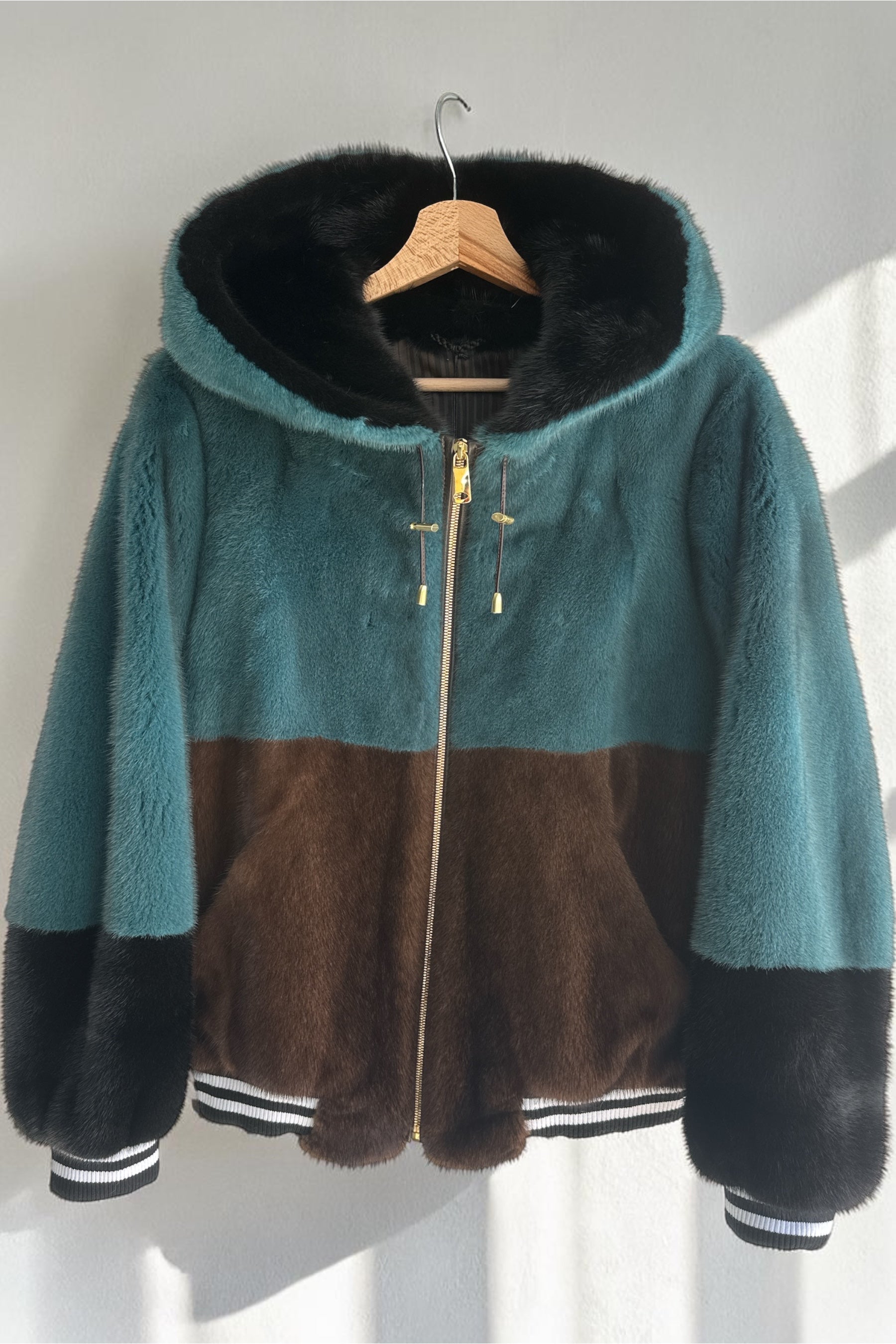 Teal, Brown, Black Mink Short Jacket With Hood