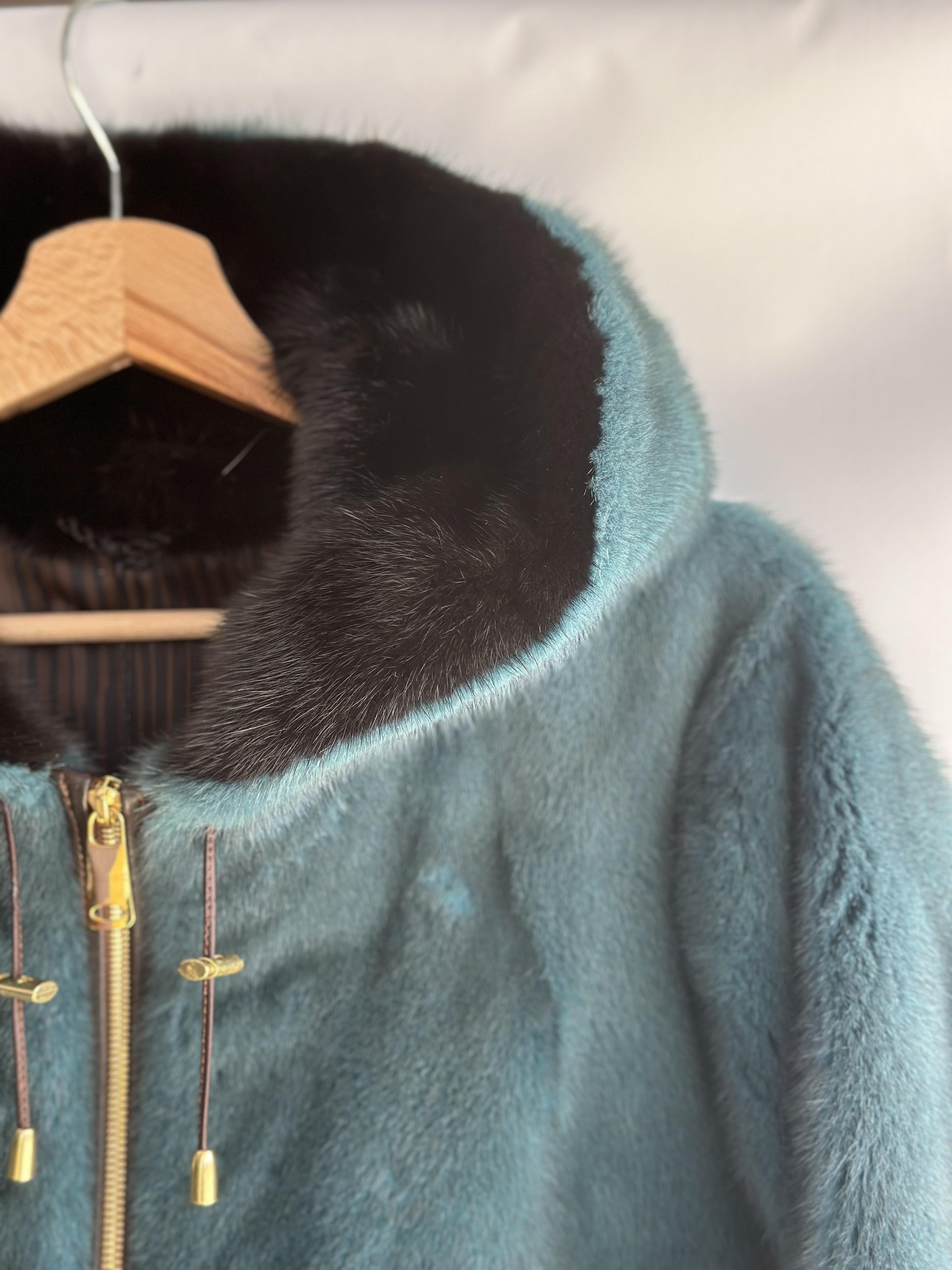 Teal, Brown, Black Mink Short Jacket With Hood
