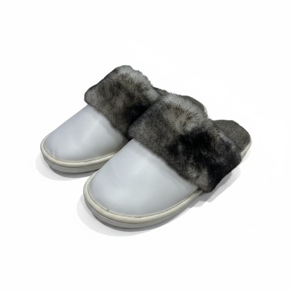 White Leather Slippers with Fur Trim