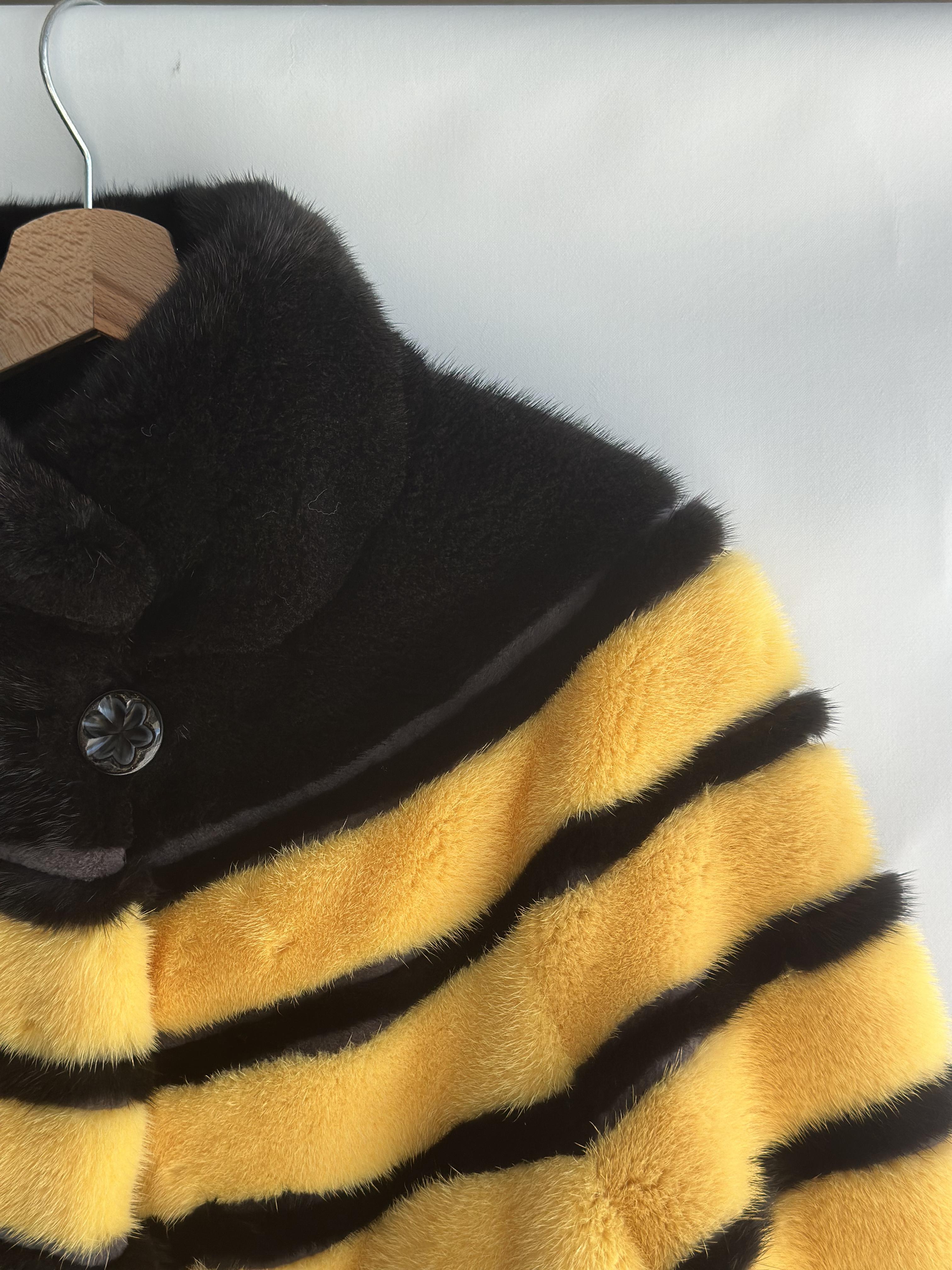 Yellow And Black Mink Jacket With Horizontal Stripes