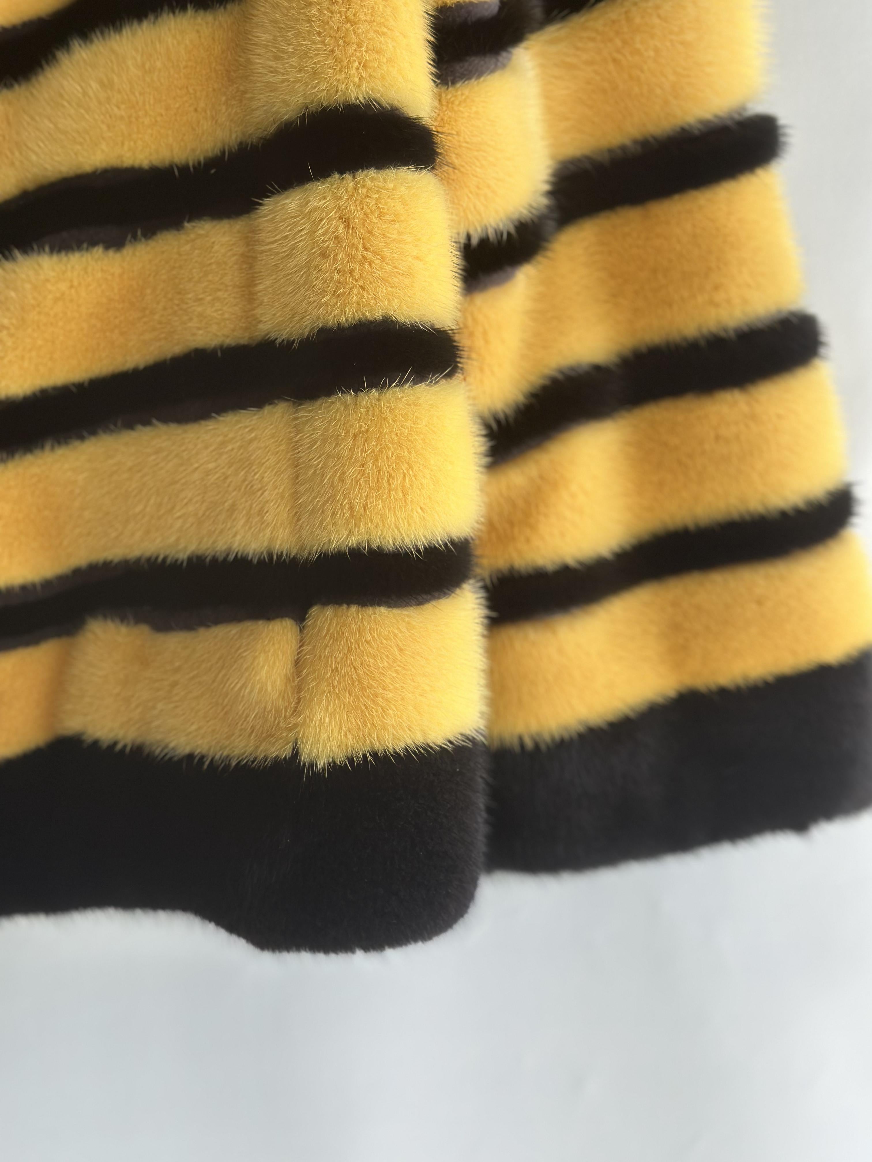 Yellow And Black Mink Jacket With Horizontal Stripes