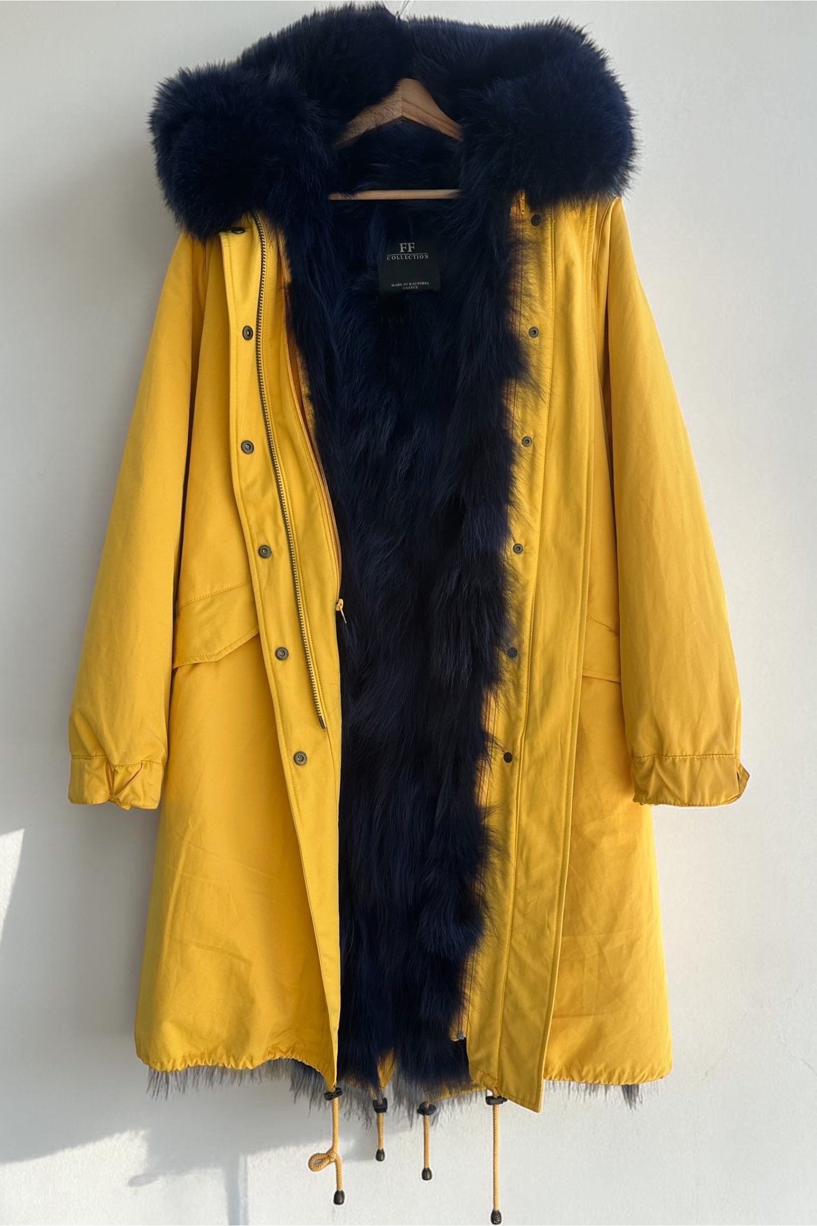 Yellow Parka with Dark Blue Fox Collar and Lining