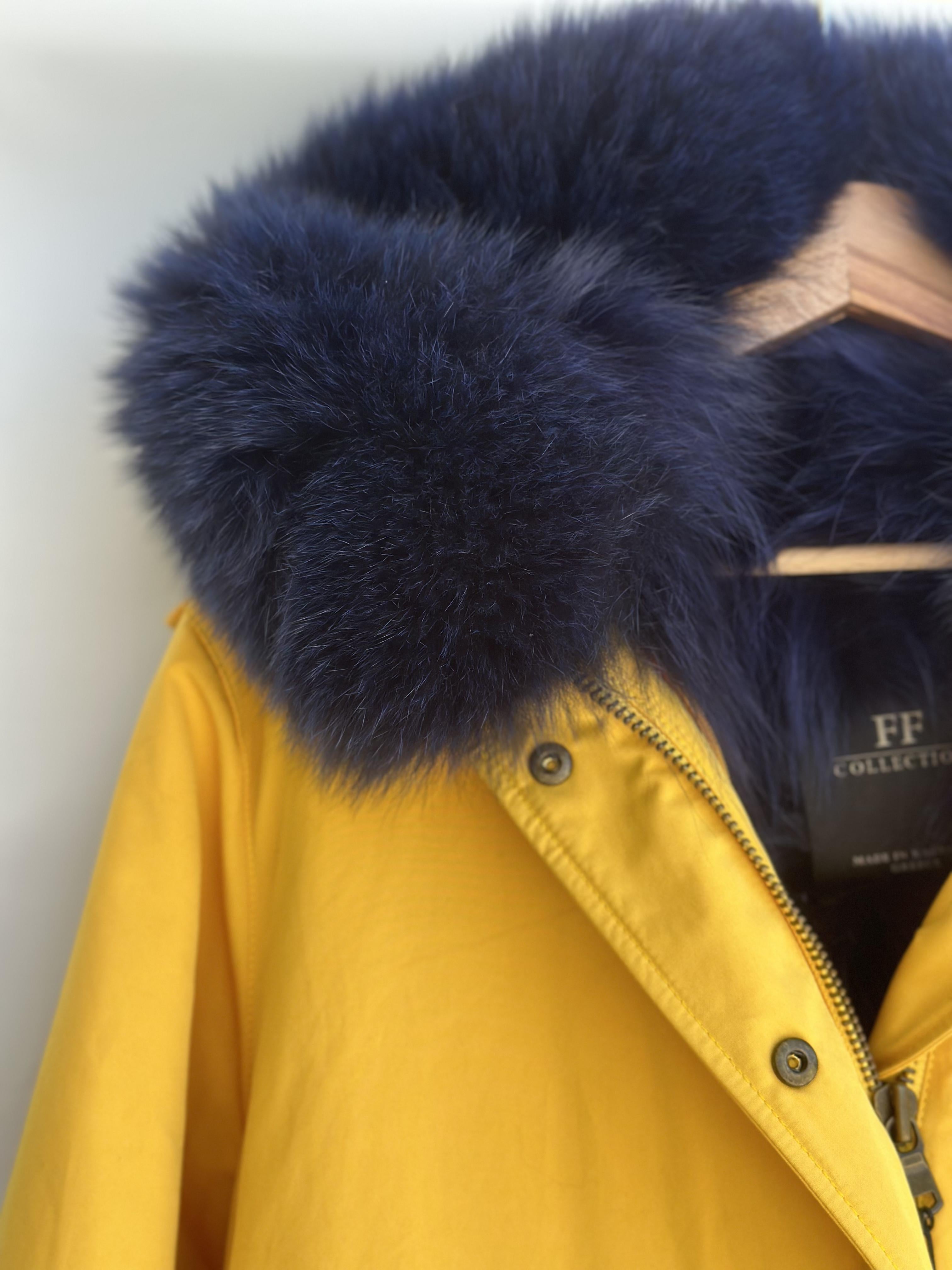 Yellow Parka with Dark Blue Fox Collar and Lining