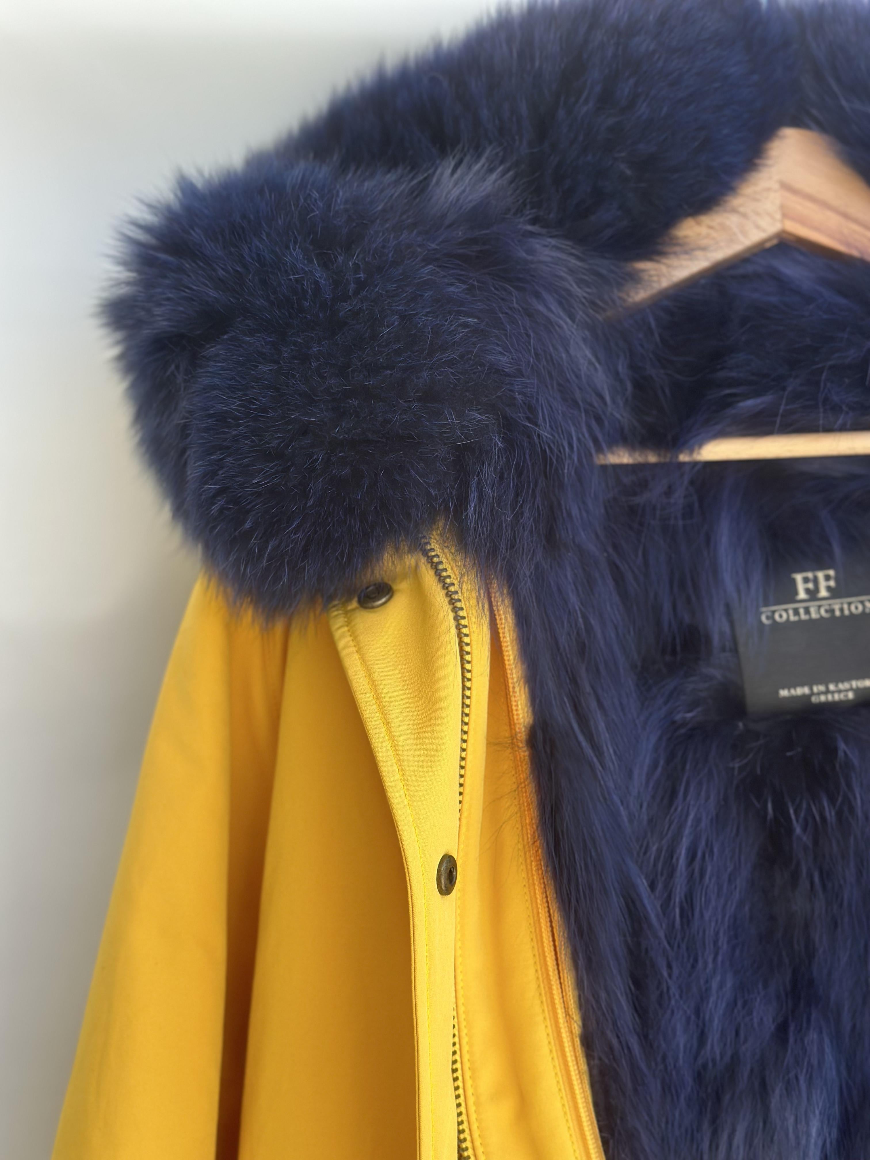 Yellow Parka with Dark Blue Fox Collar and Lining