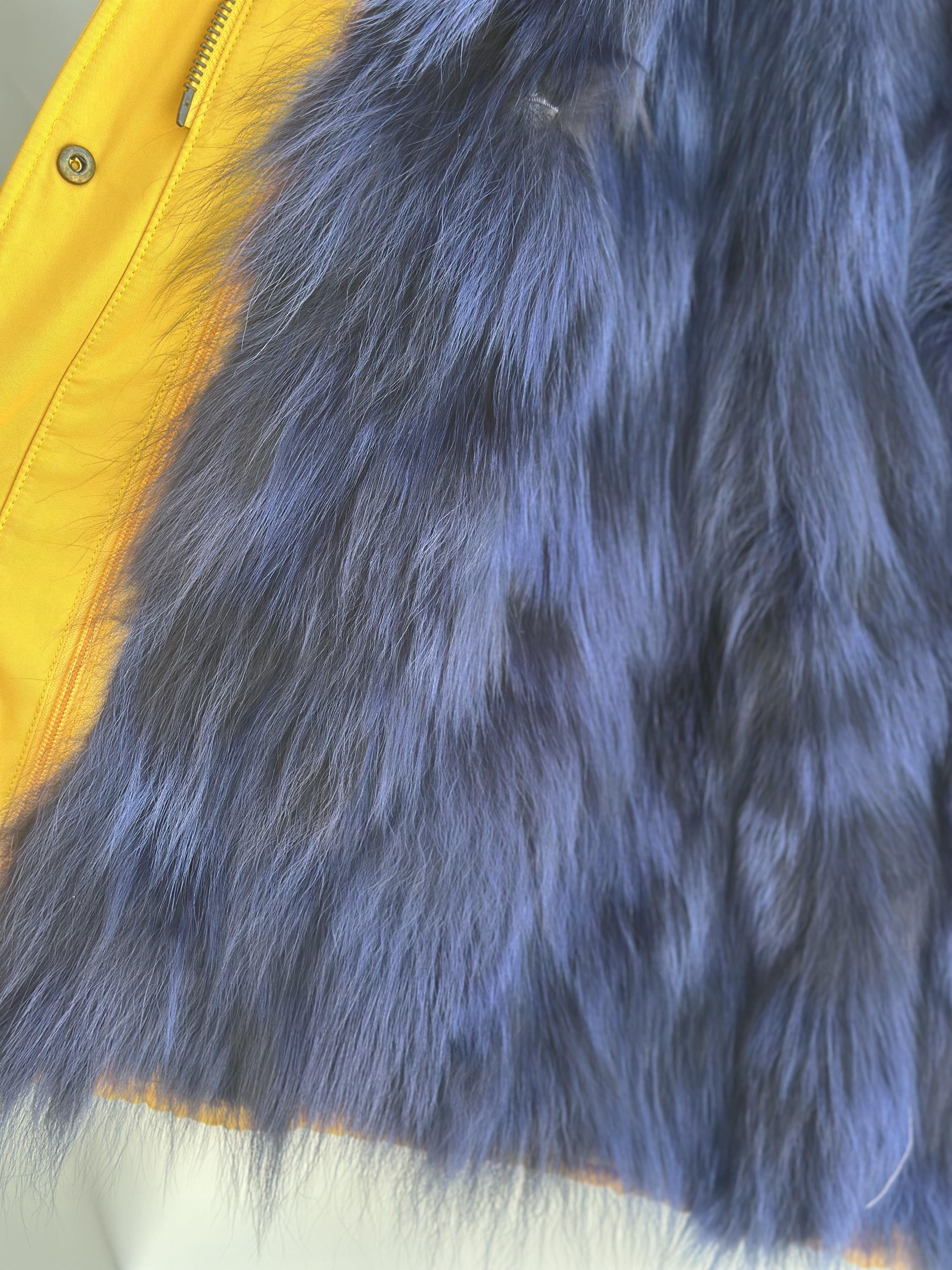 Yellow Parka with Dark Blue Fox Collar and Lining