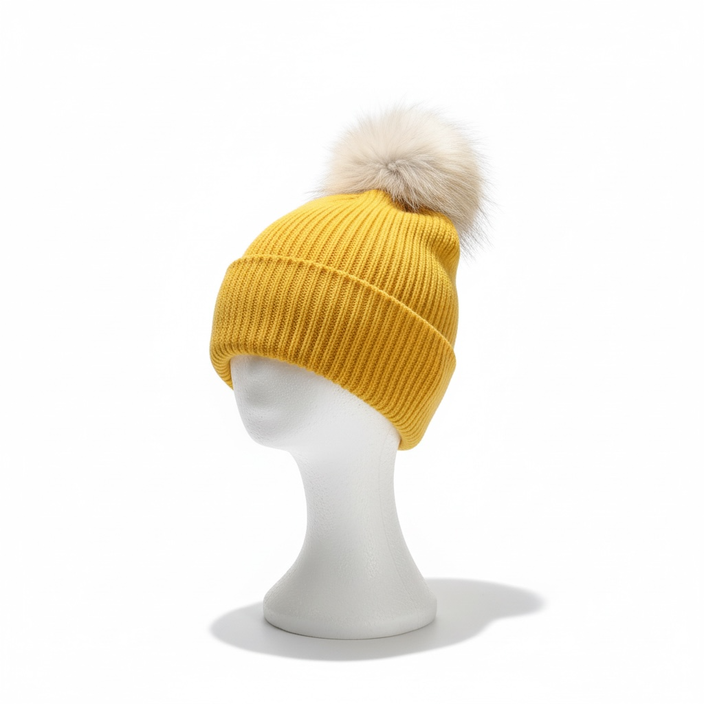 Yellow Ribbed Beanie with Natural Fox Fur Pompom