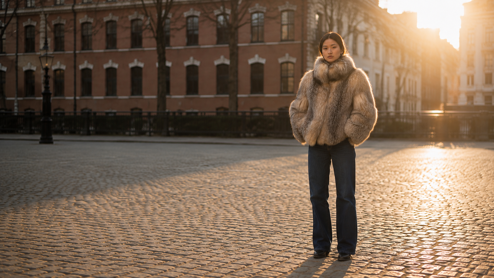 Person wearing a fox fur coat standing on a cobblestone street with buildings in the background.
